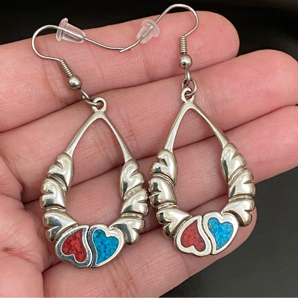Vintage Signed Yin Yang Hearts Turquoise & Coral Inlay Silver Drop Earrings - Picture 3 of 11